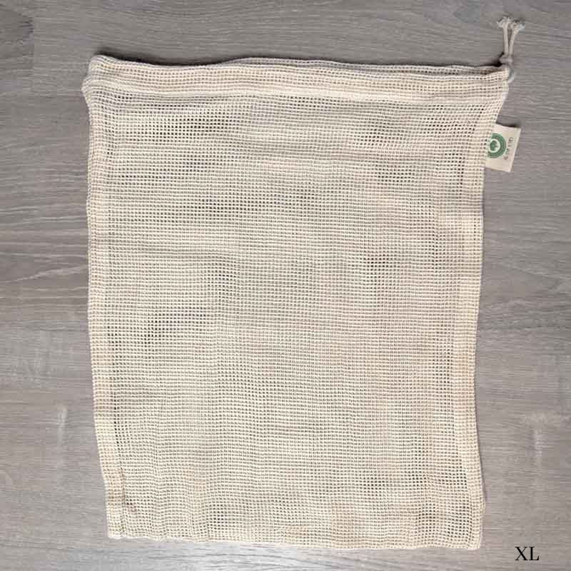 XL mesh grocery bag laying flat wooden surface
