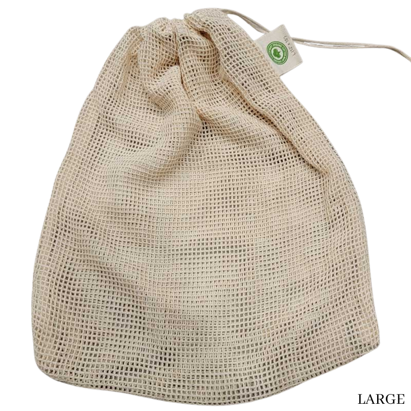 Large 100% Organic Cotton mesh produce bag on a gray wood backdrop