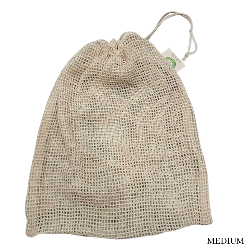 Medium 100% Organic Cotton mesh produce bag on a gray wood backdrop