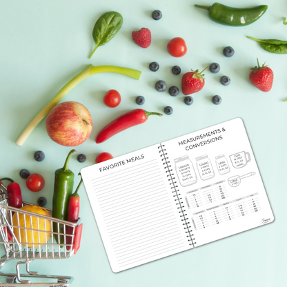 Flat lay of Favorite Meals and Measurements & Conversions spread with graphic of shopping cart filled with fresh produce.