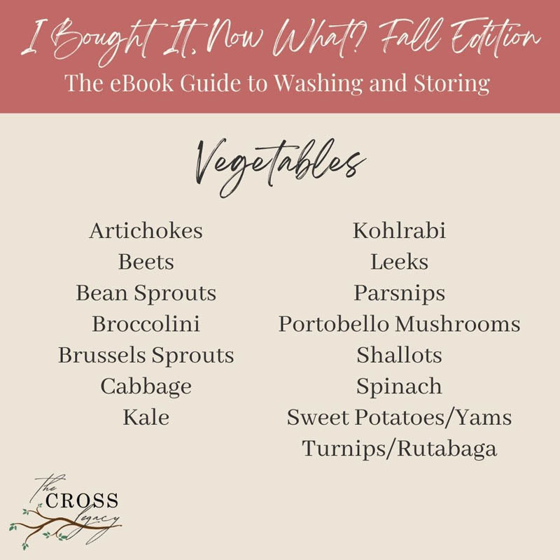 Graphic showing a list of all the Vegetables included in the 'I Bought It, Now What? Fall Edition' eBook
