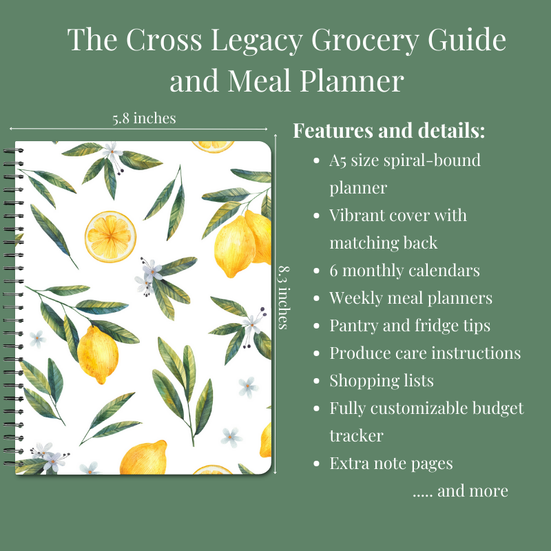 Lemon Floral Grocery Planner graphic with specs