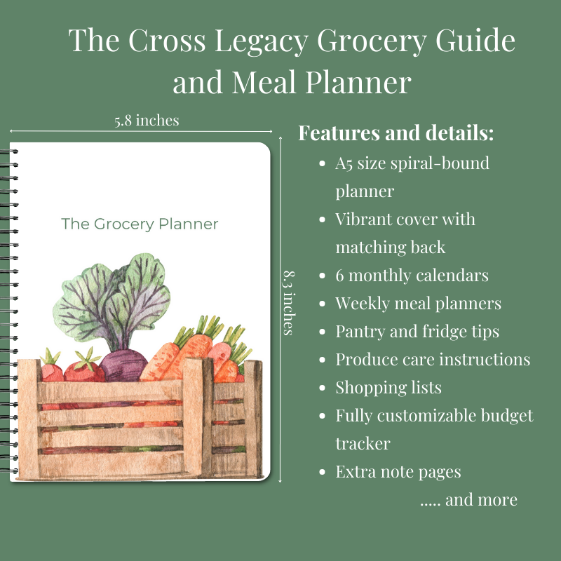 Rustic Vegetable Box Grocery Planner graphic with specs