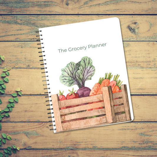 Rustic Vegetable Box Grocery Planner Flat Lay with wooden bowl filled with strawberries