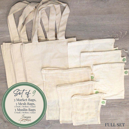 Image with 3 Market Totes, 3 Muslin and 3 Mesh reusable grocery bags