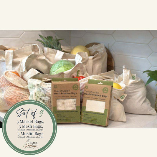 Image of  Full Set reusable grocery bags, filled with produce on the kitchen counter