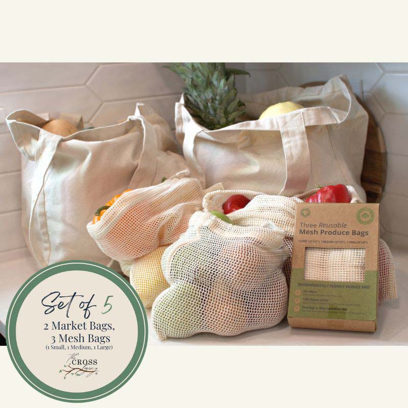 Image of all 5 reusable bags filled with produce on the kitchen counter