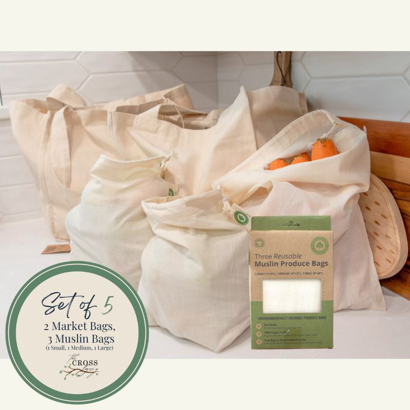 Image of all 5 reusable bags filled with produce on the kitchen counter