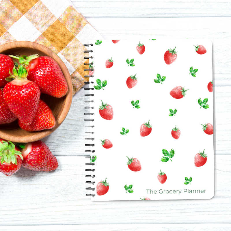 Signature Strawberry Grocery Planner Flat Lay with wooden bowl filled with strawberries