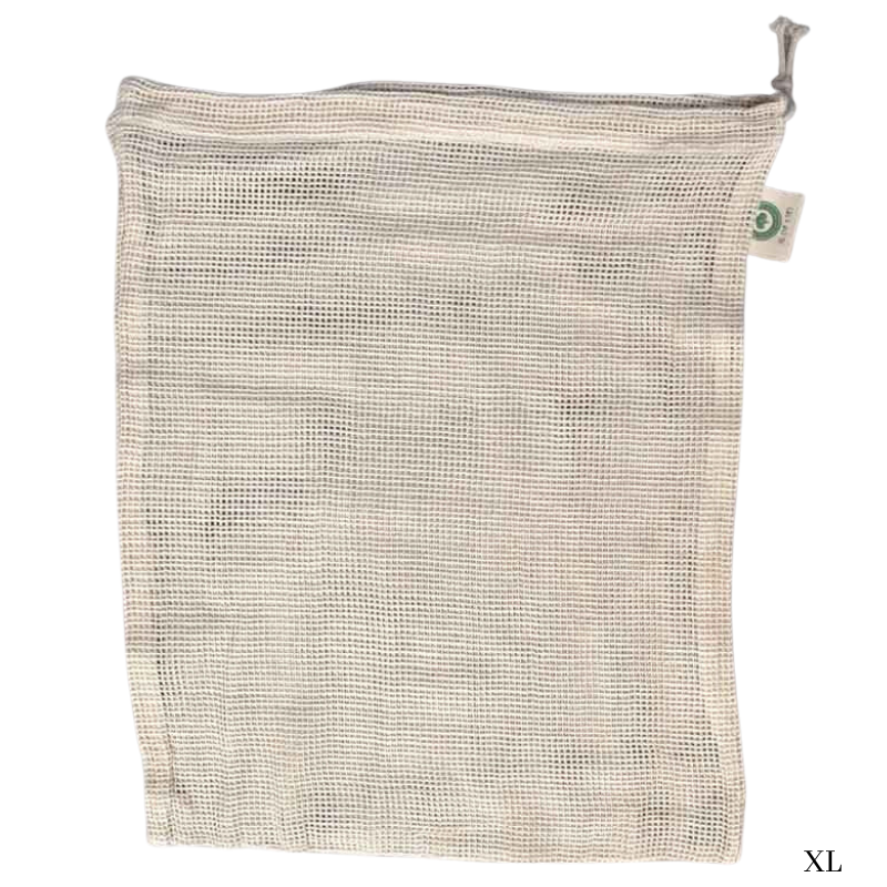 XL mesh grocery bag laying flat wooden surface