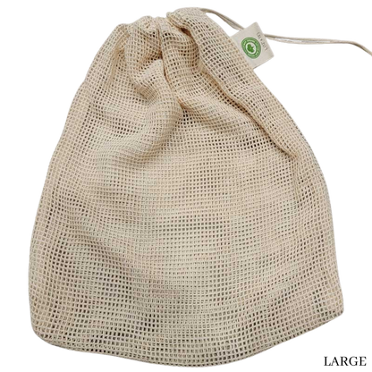 Large 100% Organic Cotton mesh produce bag on a gray wood backdrop