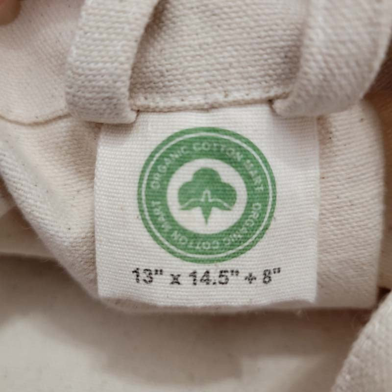 organic cotton canvas market bag tag showing dimensions of 13" x 14.5" x 8"