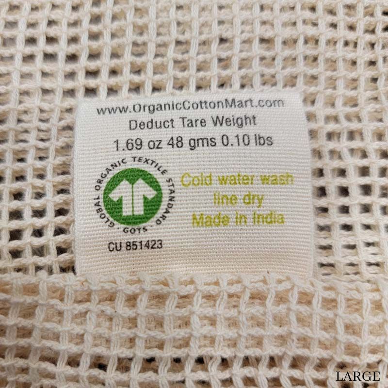 large mesh produce bag tag showing tare weight of 1.69 oz.