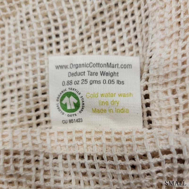 small mesh produce bag back of tag showing tare weight of 0.88 oz.