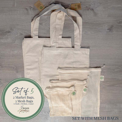 Flat lay image of 2 Market Bags and set of Mesh Grocery Bags