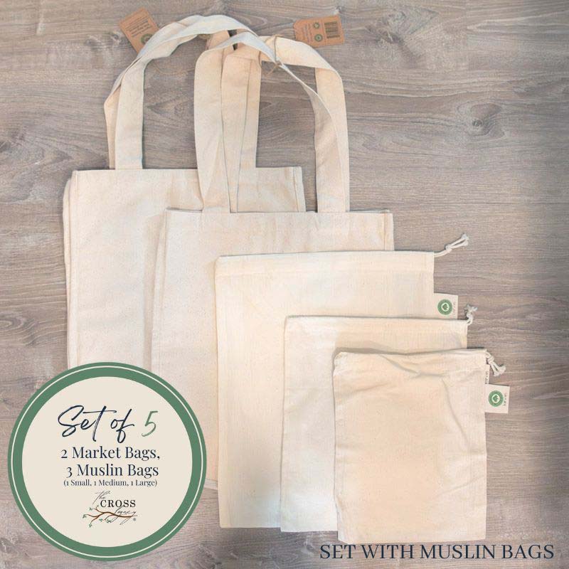 Flat lay image of 2 Market Bags and set of Muslin Grocery Bags